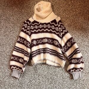 Free People Cream and Brown Patterned Turtleneck Sweater